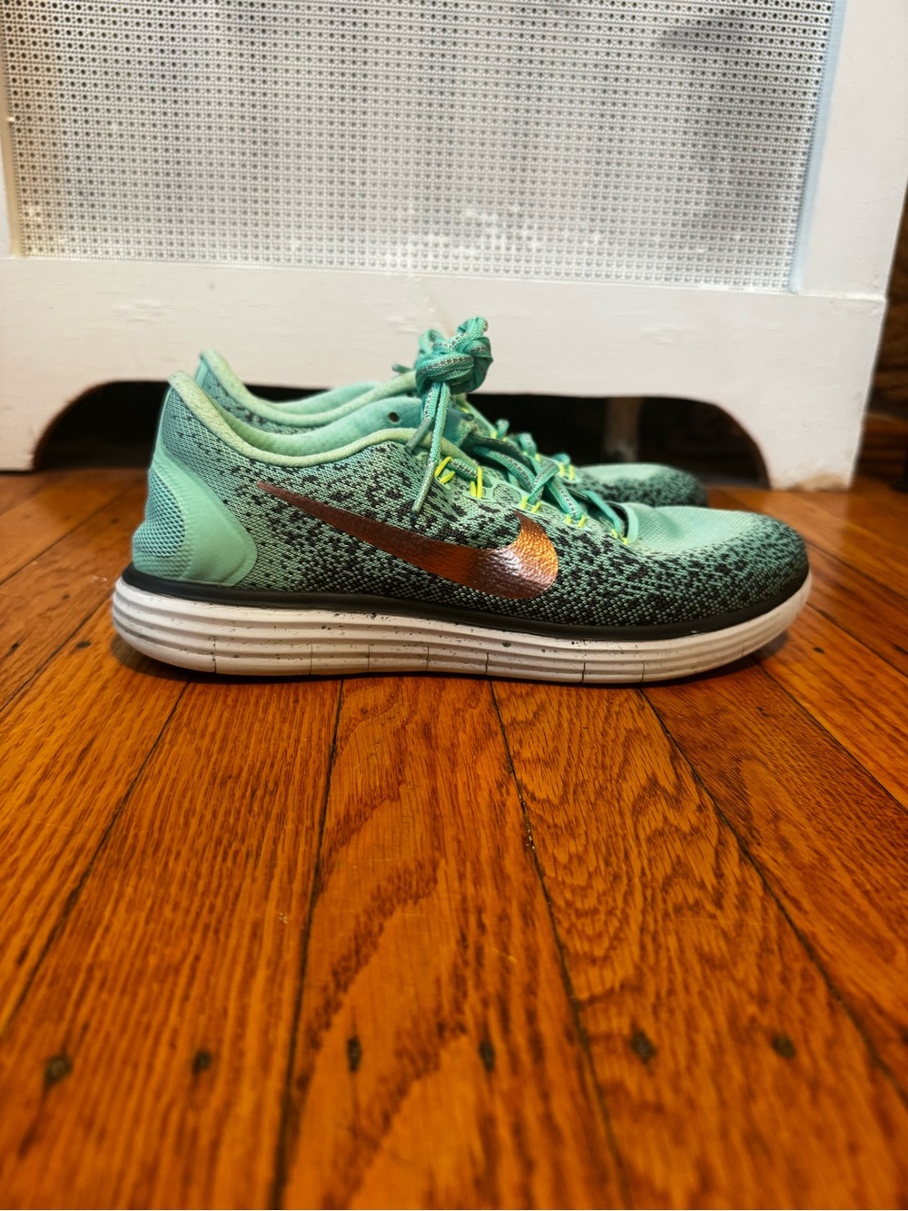 Nike Mint Green Sneakers with Metallic Bronze Swoosh w/ Black Speckled Soles